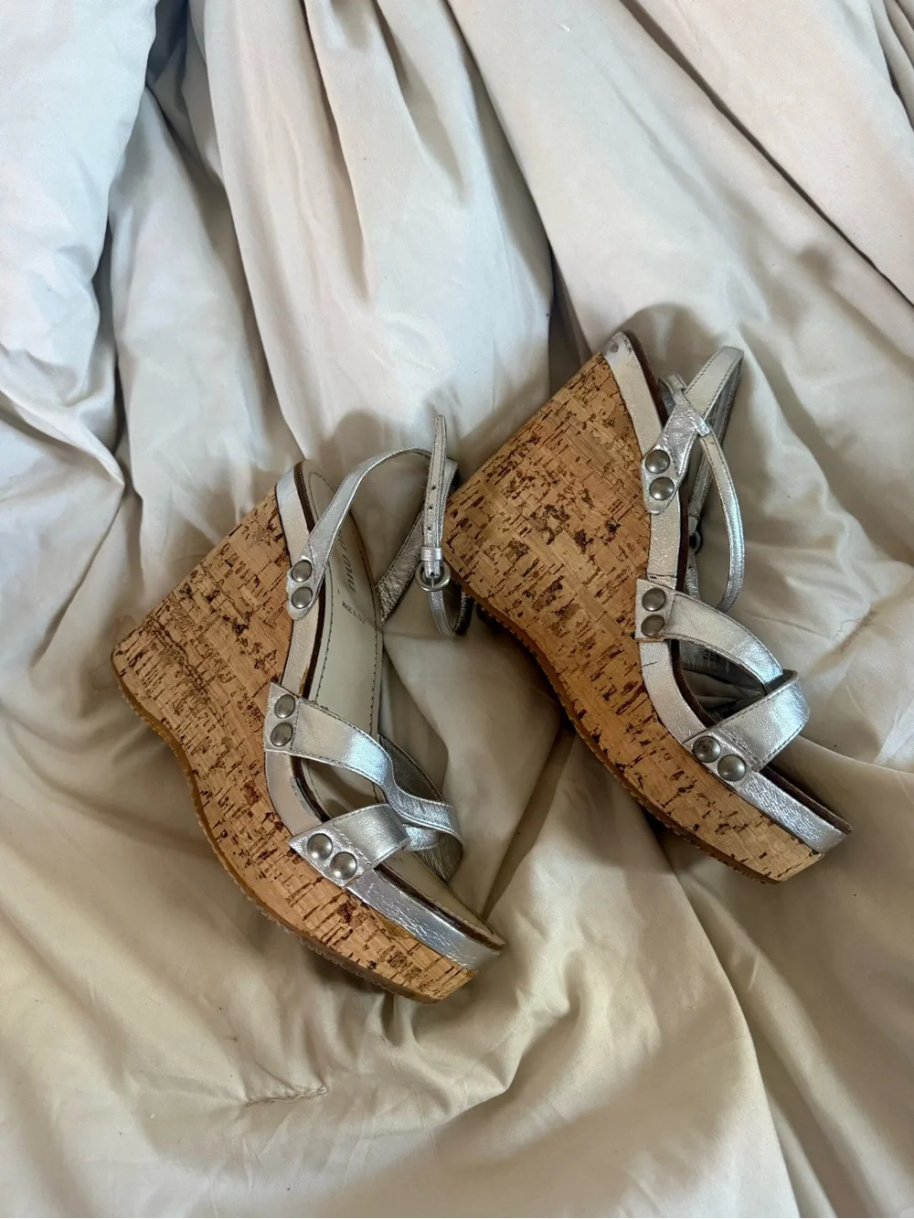Silver Metallic Cork Wedge Sandals with Ankle Strap
